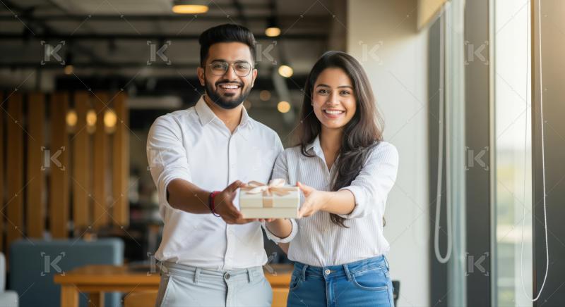 Joyful couple giving a beautifully wrapped present indoors, smiling cheerfully.