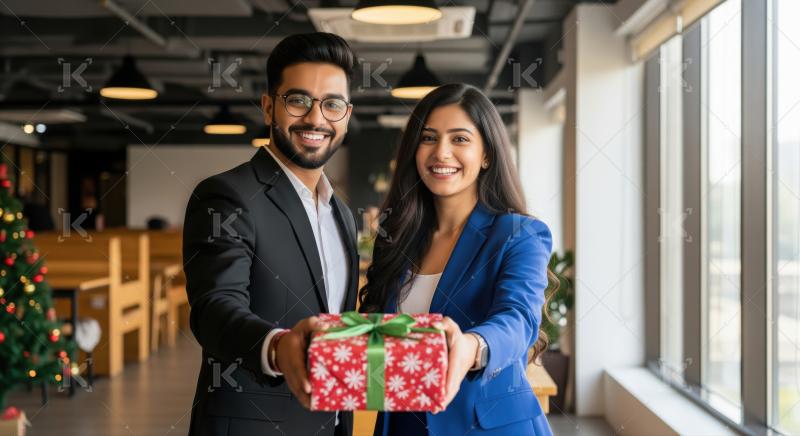Cheerful colleagues offering a holiday gift in a modern office.