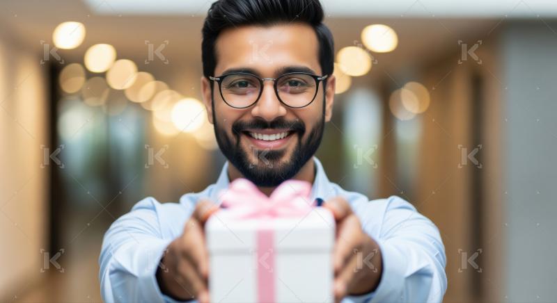 Smiling man presents a thoughtful gift package for celebration.