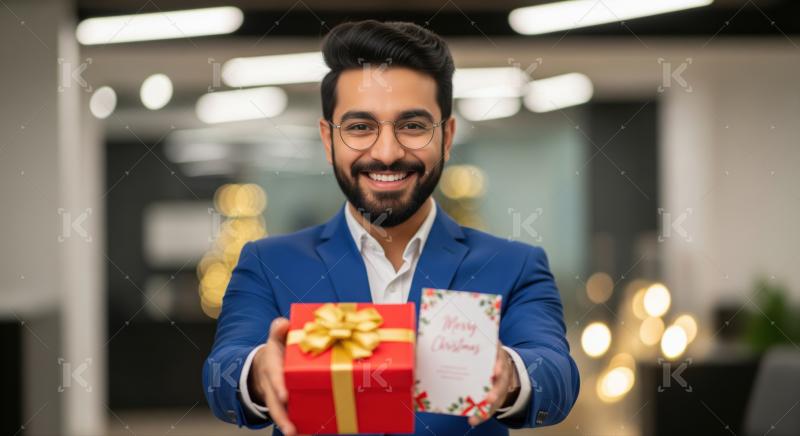 Smiling professional offers festive Christmas gift and greeting card.