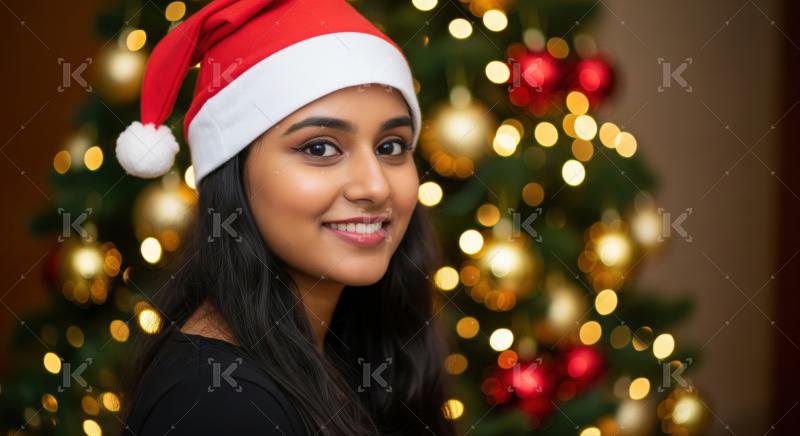 Beautiful woman celebrates holidays, joyfully posing by a festive tree.