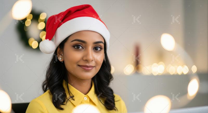 Smiling Indian woman celebrating Christmas, wearing festive Santa hat, bokeh background.