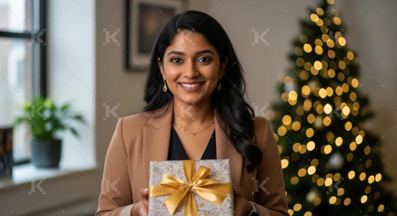 Joyful woman holds a festive gift by a twinkling Christmas tree.