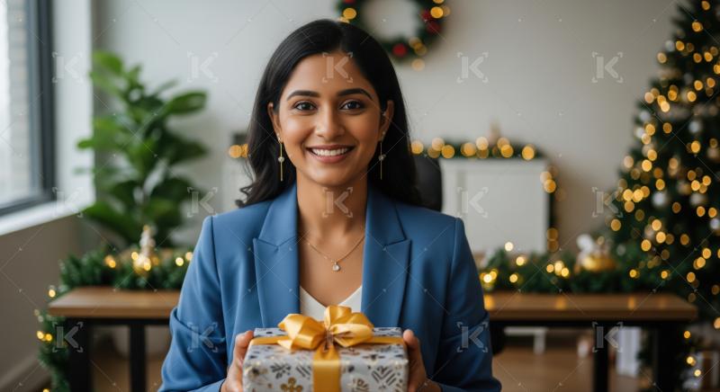 Young Indian woman joyfully presenting a festive Christmas gift.