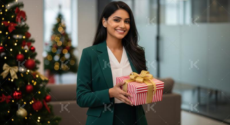 Happy businesswoman holds a beautifully wrapped gift during the festive season.