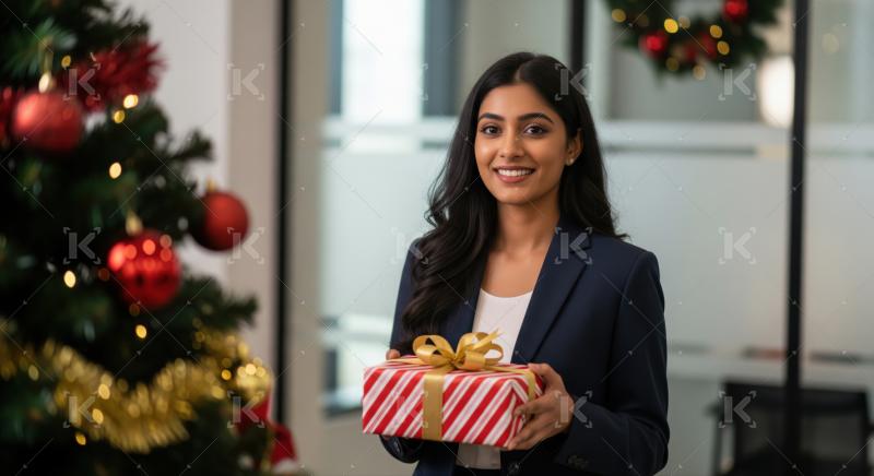 Happy woman presents holiday gift in a festive office setting.