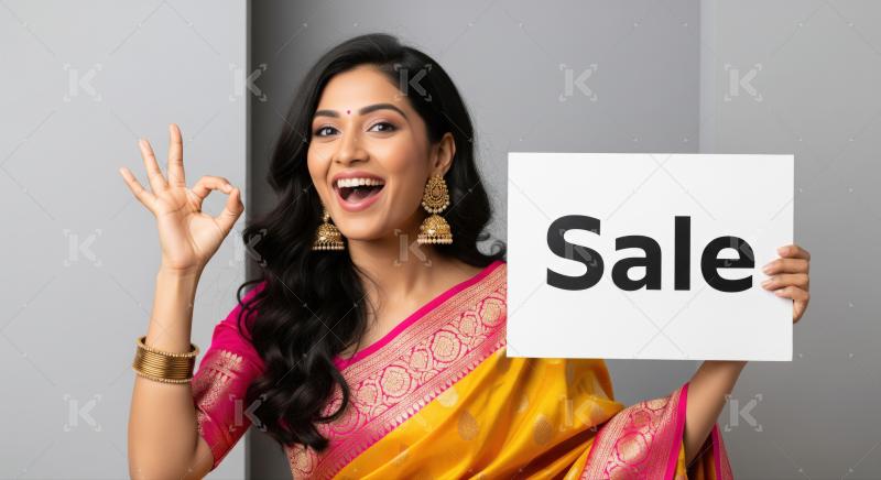Happy Indian woman joyfully promotes sale with approving gesture.
