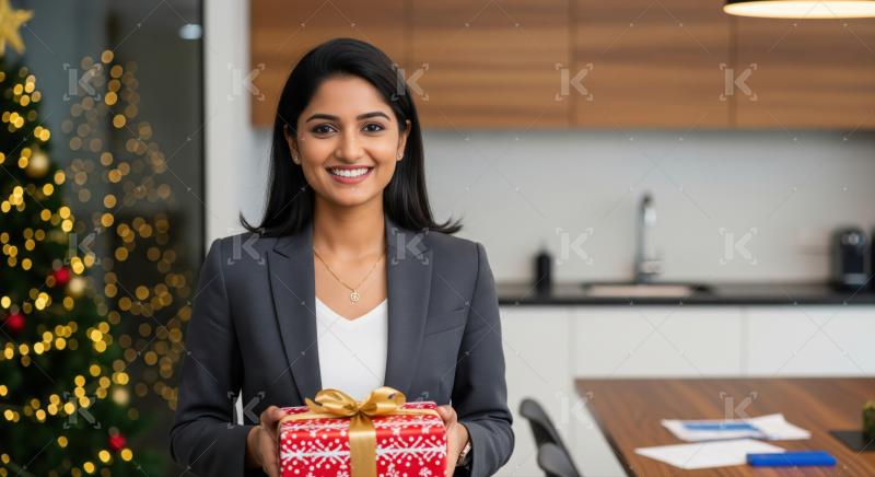 Happy professional woman holding a festive Christmas gift in office.