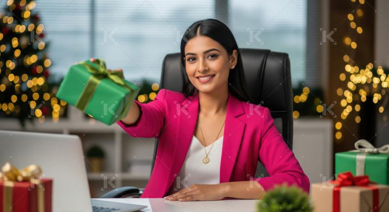 Happy woman offers a holiday gift in a decorated office.
