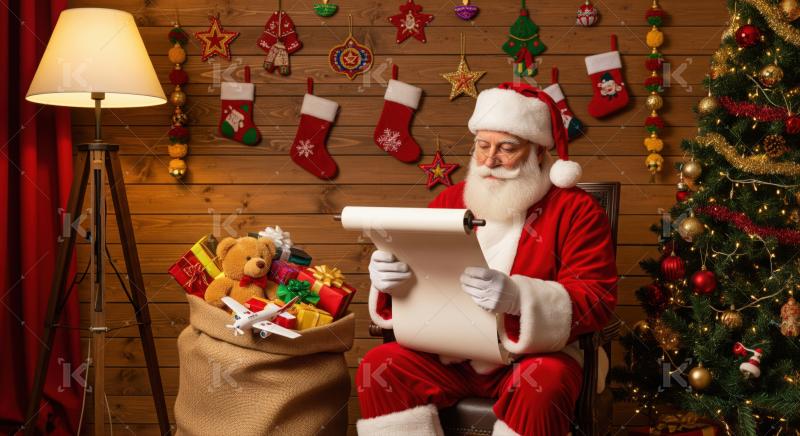 Santa Claus reviews his list by a sparkling Christmas tree.