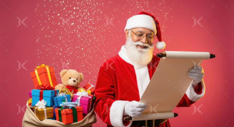Santa smiles, checking his long list of Christmas wishes.
