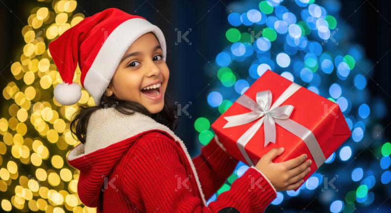 Joyful Indian child celebrates holiday season with festive present.
