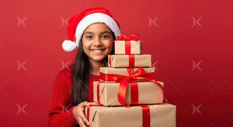 Cheerful girl in Santa hat holds many Christmas presents joyfully.