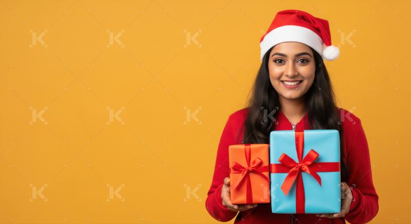 Cheerful Indian woman wearing Santa hat holds colorful wrapped presents.