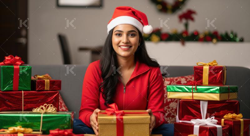 Cheerful woman surrounded by Christmas gifts, spreading holiday joy.