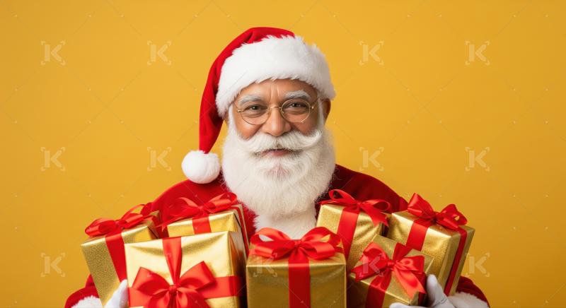 Cheerful Santa Claus holding festive gold gifts for holiday season.