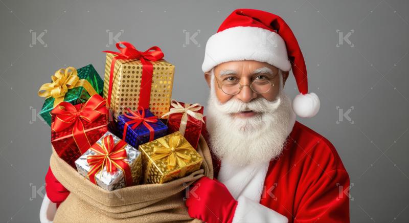 Jolly Santa Claus with a big sack of holiday gifts.