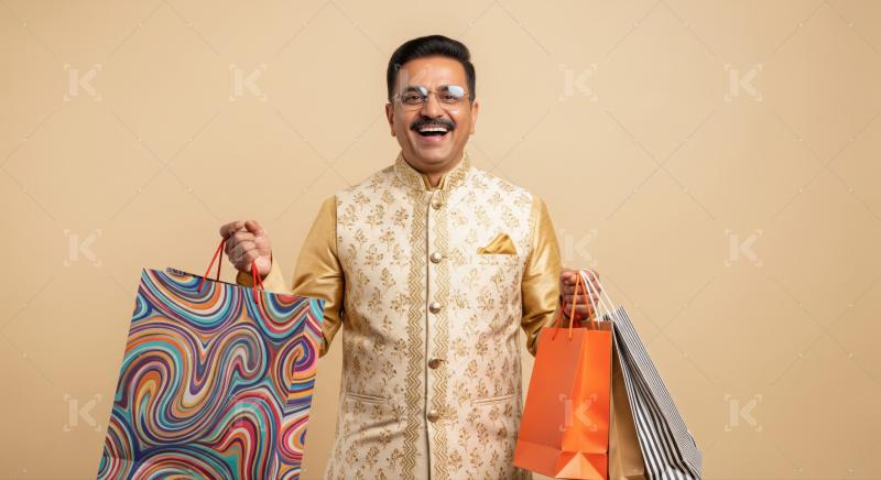 Happy Indian man in ethnic wear proudly holds multiple shopping bags.