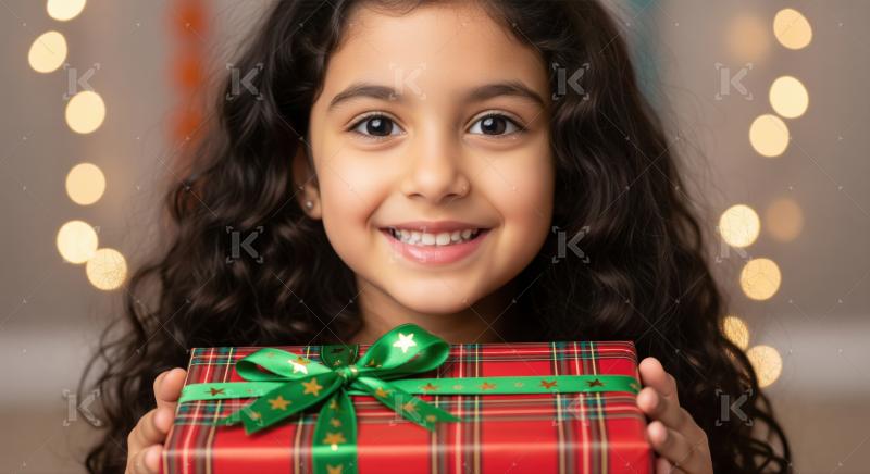 A joyful child excitedly presents a beautifully wrapped holiday gift.