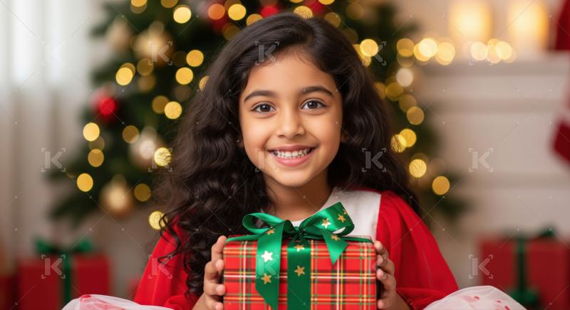 A happy child holding a gift, celebrating the Christmas season.