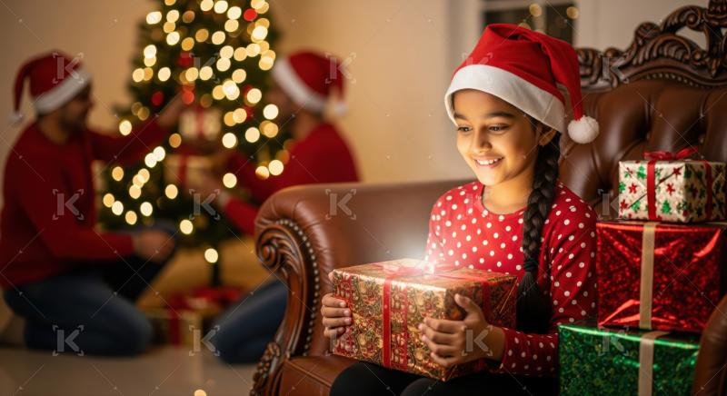 Young girl joyfully opens glowing Christmas present beside a tree.
