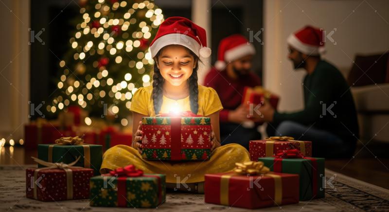 Child's joy illuminating as she opens a glowing present.