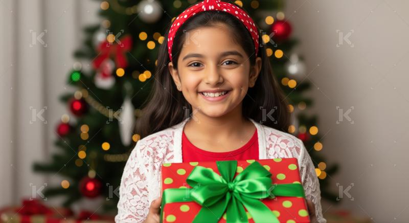 Joyful girl holds her Christmas present, celebrating the holiday season.