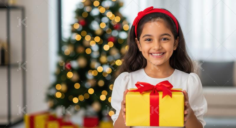 A happy little girl holds a Christmas present joyfully indoors.