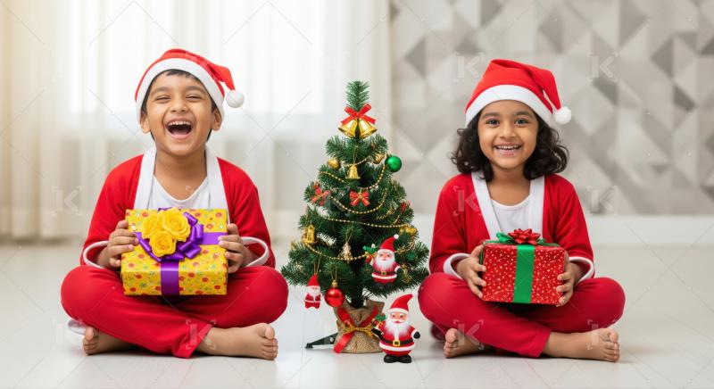 Two happy Indian children celebrate Christmas with gifts and tree.