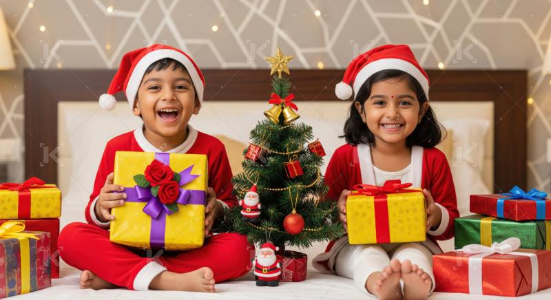 Joyful Indian kids in Santa hats with presents and festive tree.