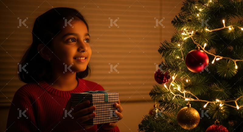 A happy girl holding a gift by a brightly lit Christmas tree.