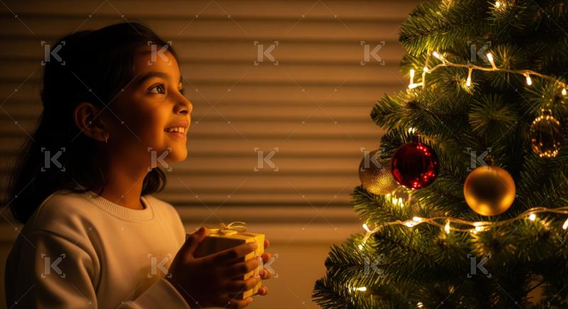 Happy child holding Christmas gift near a beautifully lit tree.