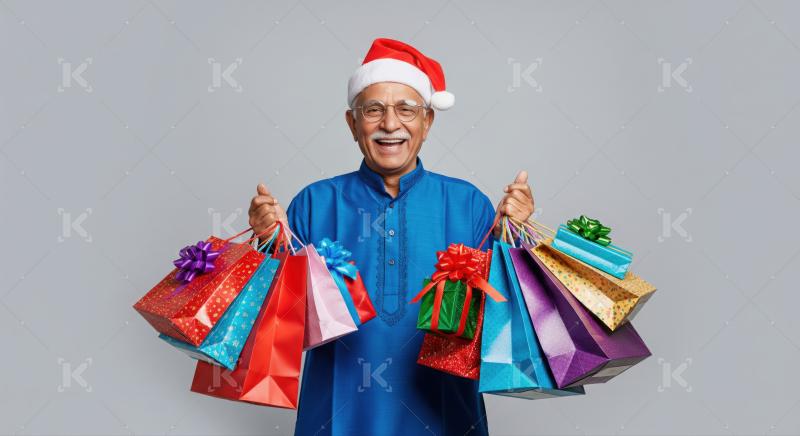 Happy elder man holds many colorful festive shopping bags.