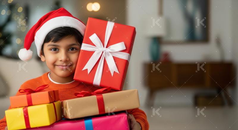 A cheerful young boy holds many colorful holiday presents.