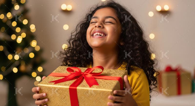 Little girl radiates happiness holding a golden Christmas present.