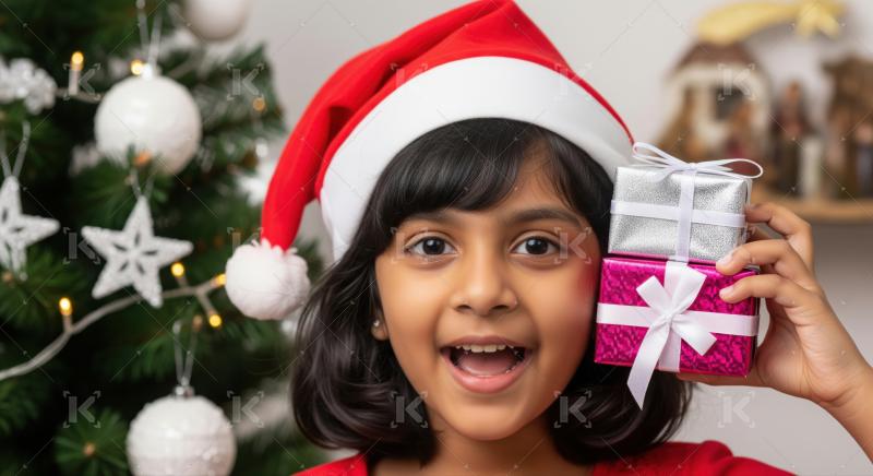 Joyful child in Santa hat holding gifts, celebrating holidays.