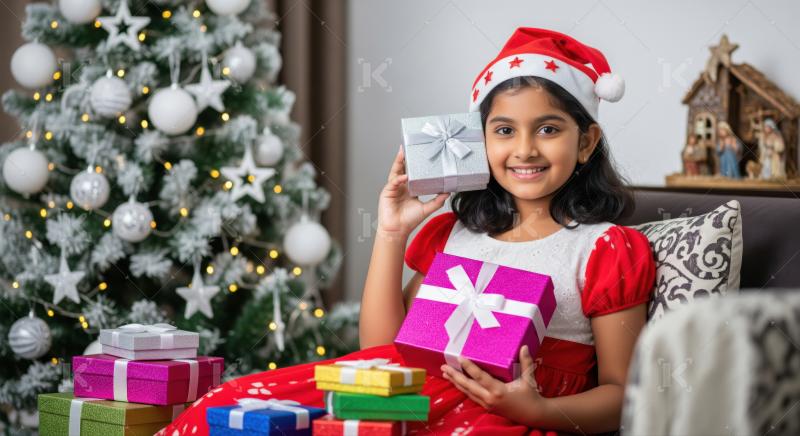 Joyful Indian girl smiles holding gifts during Christmas celebration.