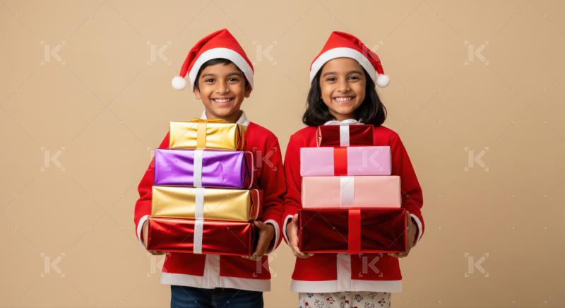 Smiling Indian children hold colorful stacks of festive Christmas gifts.
