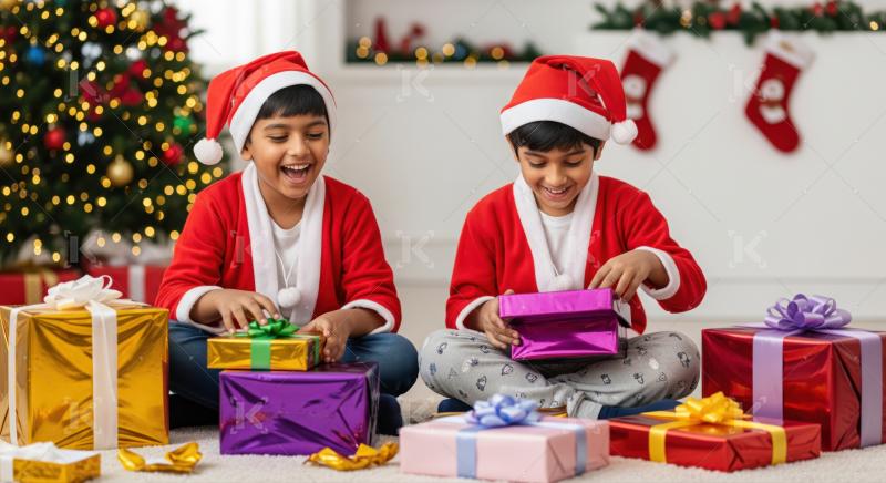 Two happy boys joyfully opening their Christmas presents at home.