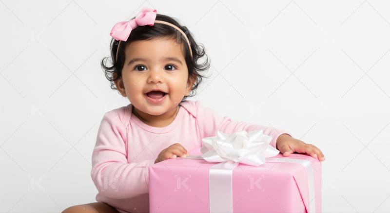 Adorable baby girl joyfully smiles with her pink present.