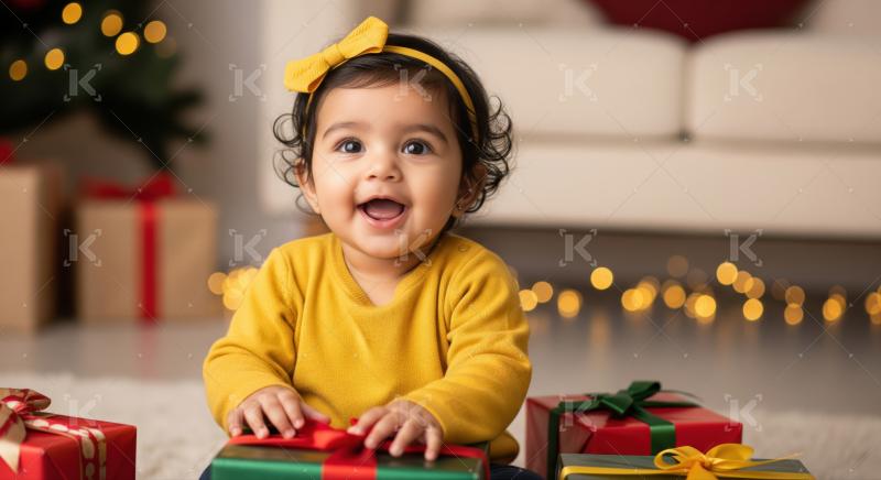 Happy baby girl celebrates the holiday season with colorful gifts.