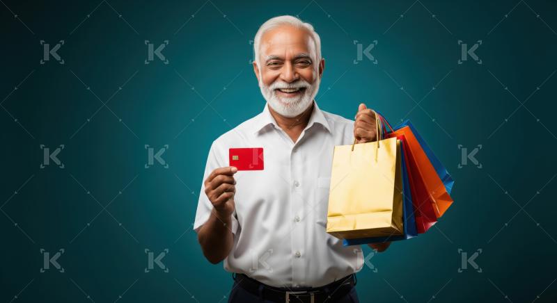 Cheerful senior man shopping with credit card and colorful bags.