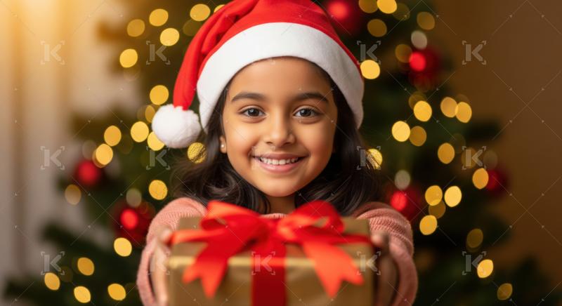 Smiling girl in Santa hat joyfully offers a festive Christmas gift.