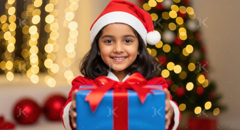 Cheerful child celebrates Christmas, presenting a beautifully wrapped blue gift.