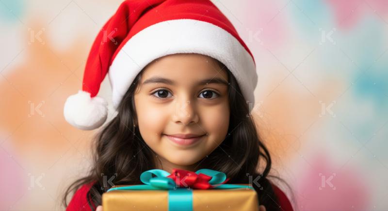 Happy child celebrates holidays, smiling with present.
