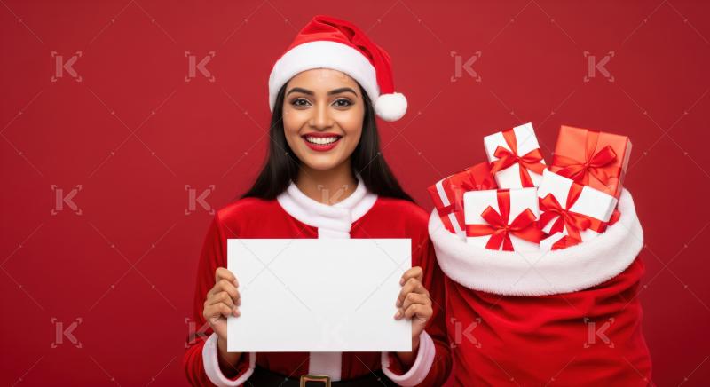 Happy woman in Santa costume holding blank sign with gifts.