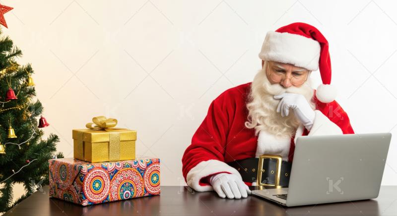 Santa Claus busy on laptop during Christmas holiday season.