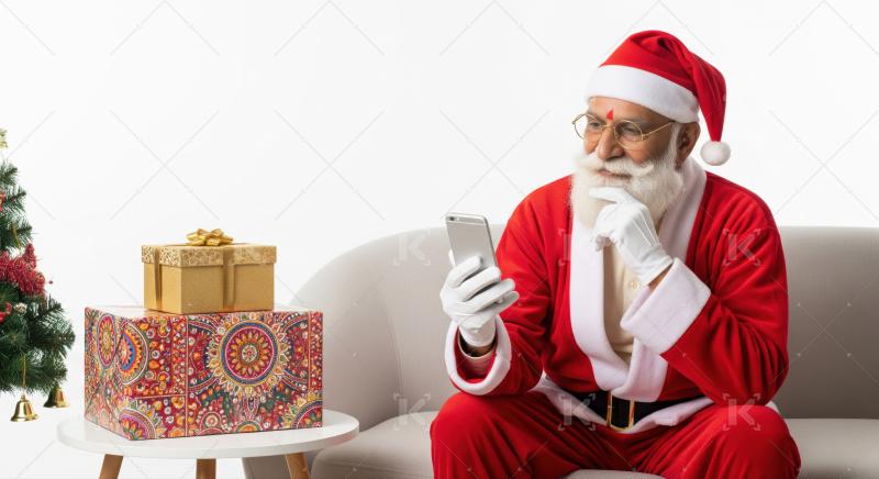 Thoughtful Santa Claus checking his smartphone during the festive holiday season.