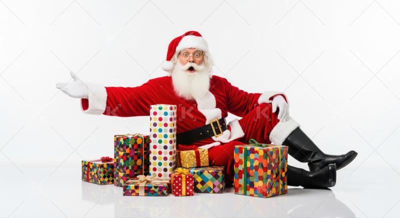 Jolly Santa is amazed by his pile of holiday presents.