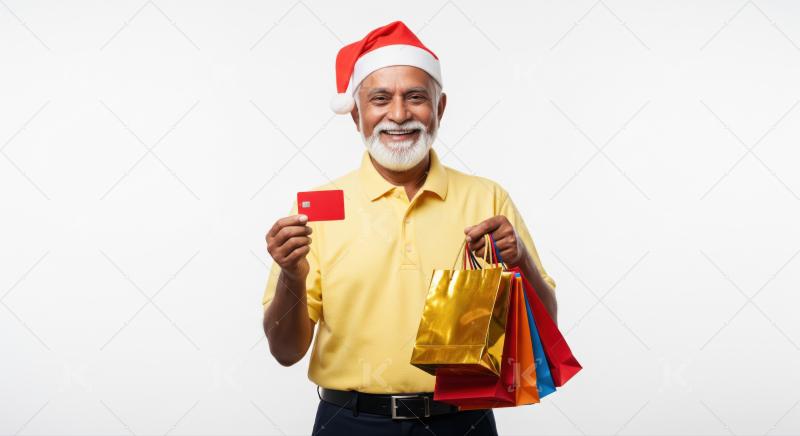 Elderly man celebrates Christmas shopping, happy with card and bags.